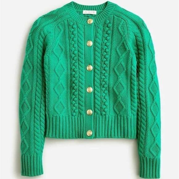 J Crew Cable-Knit Cardigan Sweater Gold Buttons Emerald Beryl Kelly Green, S - Picture 1 of 10